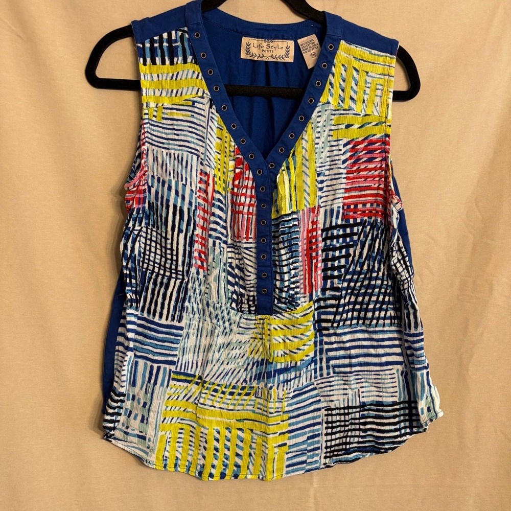 Lifestyle Petite M Boho Chic Multicolor Patchwork Sleeveless Blouse Henley Neck